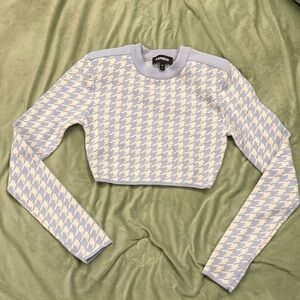 Express Light Blue & White Houndstooth Cropped Sweater Top
